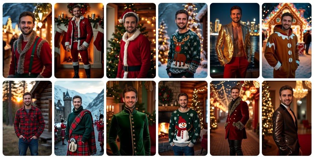 Collage of festive-themed AI-generated male portraits featuring Christmas outfits, sweaters, and holiday settings with cozy, wintery backgrounds.