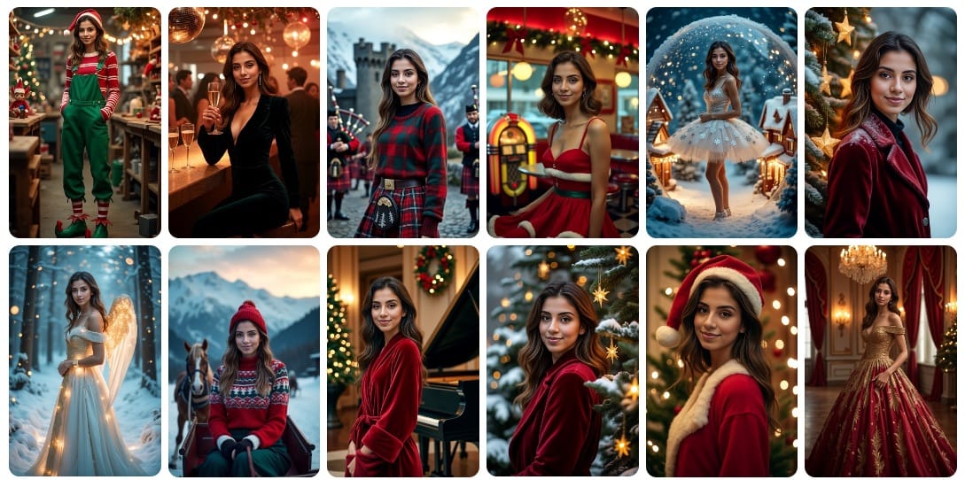 Collage of AI-generated female Christmas portraits featuring elegant dresses, festive settings, snowy landscapes, and holiday decorations.