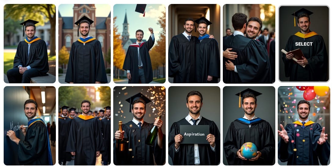 Collection of AI-generated graduation photos showing various poses with caps, gowns, and diplomas in professional settings