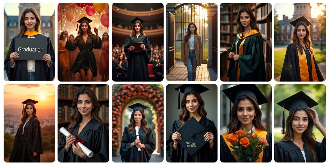 Side-by-side comparison showing the transformation from a basic selfie to professional AI-generated graduation portraits