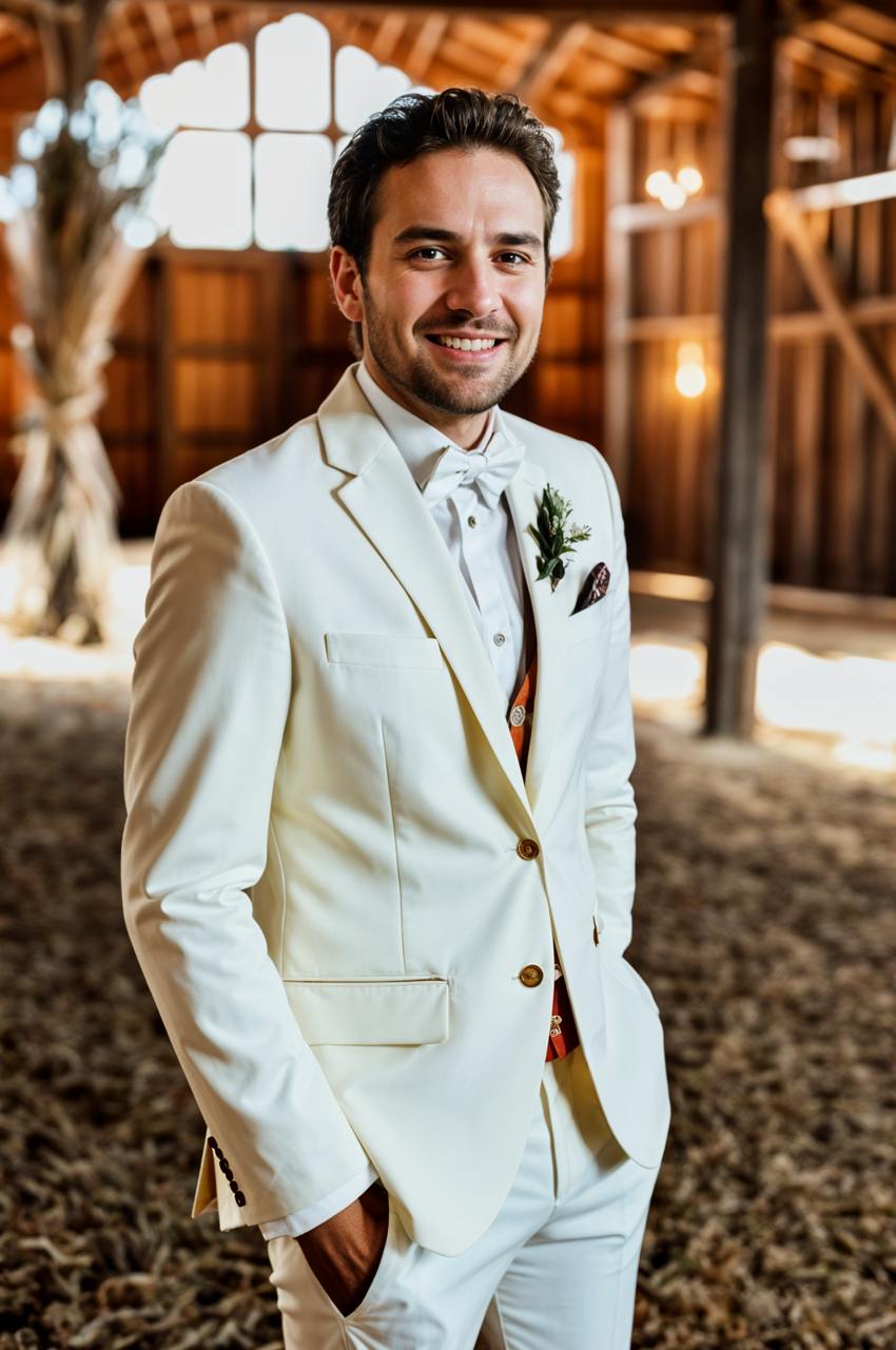 The groom is dressed in a white suit with a boutonnière, standing in a rustic wooden barn, with warm lighting emphasizing a natural and cozy atmosphere.