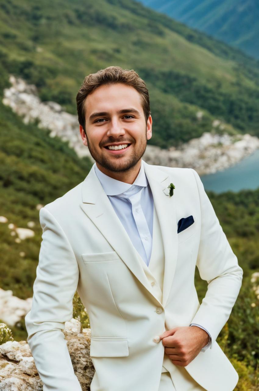 El novio viste un traje blanco, de pie al aire libre con un paisaje de montañas y un lago como telón de fondo, presentando una boda serena e inspirada en la naturaleza.