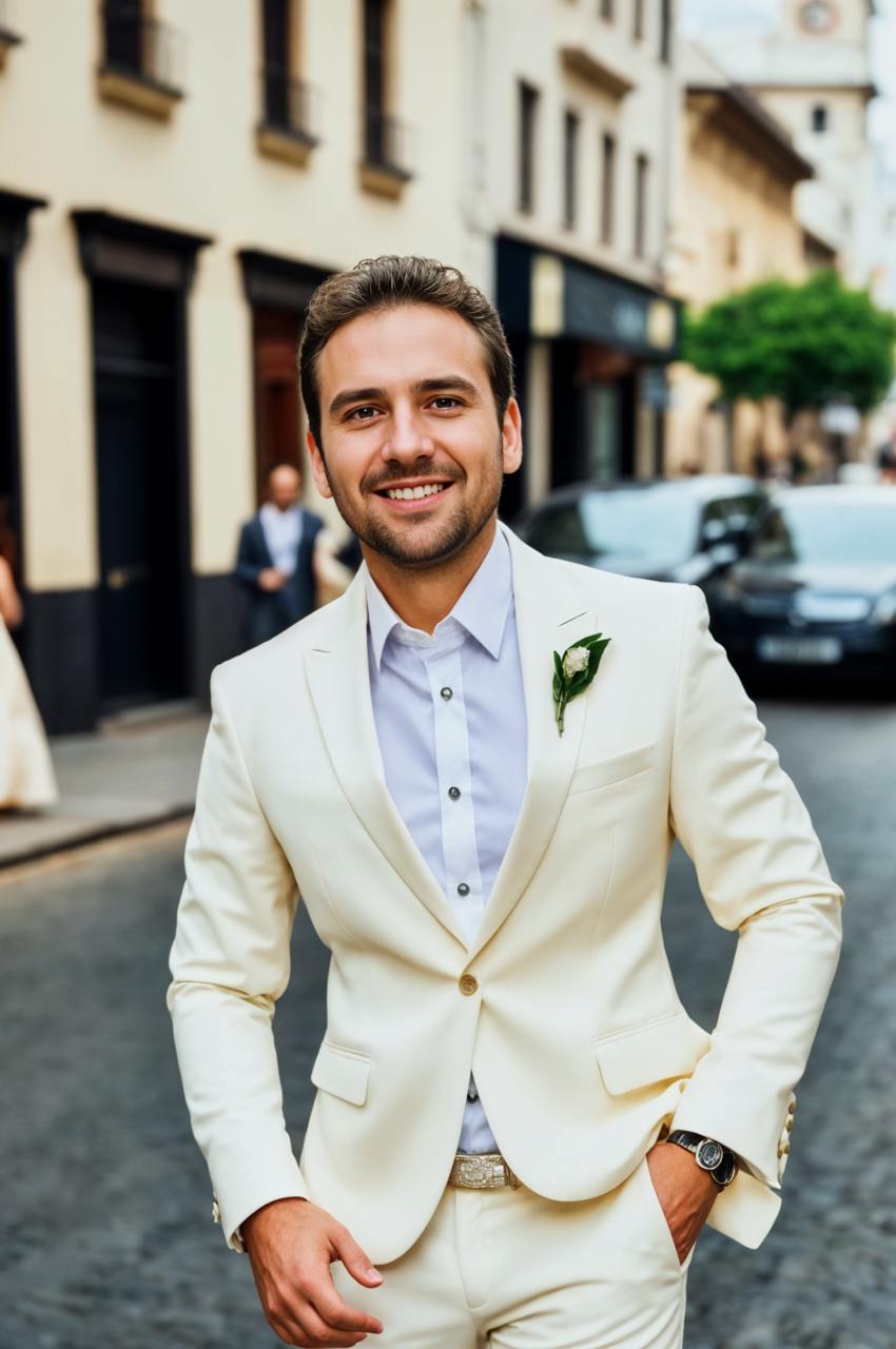 The groom is dressed in a unique olive-green suit, on a rooftop with a cityscape behind him, blending modern urban vibes with a sophisticated wedding look.