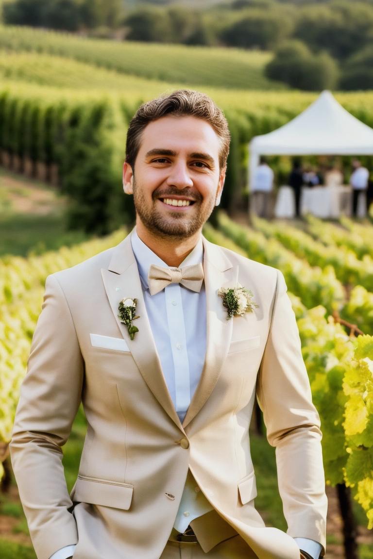 Le marié porte un costume bleu foncé avec un nœud papillon noir, debout sur un toit la nuit avec les lumières de la ville en arrière-plan, dégageant une atmosphère de mariage chic et urbaine.